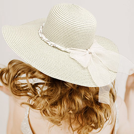 Rhinestone Pearl Twisted Bow Band Pointed Straw Sun Hat