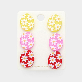 3Pairs - Flower Patterned Glittered Resin Easter Egg Stud Earrings