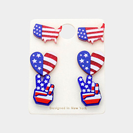 3PAIRS - American USA Flag Printed Resin Map Heart Victory Stud Earrings Set