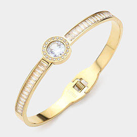 Stainless Steel Round Stone Accented Baguette Stone Embellished Hinged Evening Bracelet