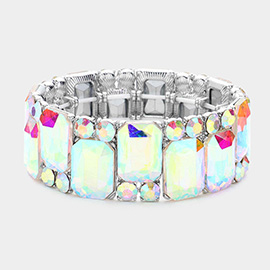 Rectangle Round Glass Stone Cluster Stretch Evening Bracelet