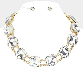 Square Glass Stone Cluster Evening Necklace