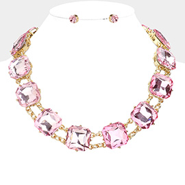 Square Glass Stone Cluster Evening Necklace