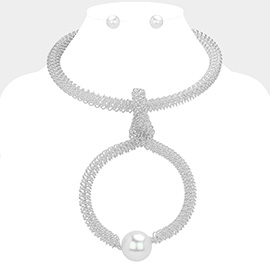 Pearl Pointed Oversized Open Ring Metal Wire Statement Necklace