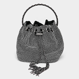 Bling Rhinestone Mesh Metal Draw String with Glass Stone Embellished Top Handle Bucket Bag / Crossbody Bag