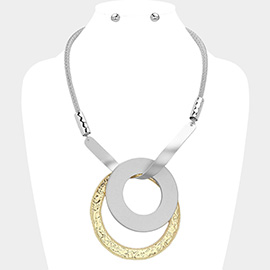 Textured Metal Open Circle Plate Pendant Statement Necklace