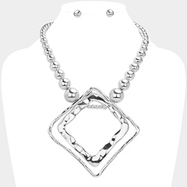 Textured Metal Open Square Pendant Chunky Ball Chain Statement Necklace