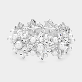 Pearl Pointed Marquise Stone Cluster Leaf Vine Stretch Bracelet