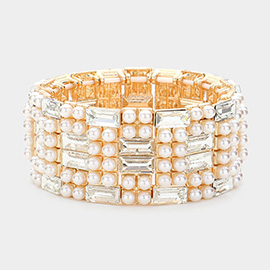 Baguette Glass Stone Pointed Pearl Embellished Stretch Bracelet