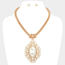 Pearl Embellished Pendant Mesh Metal Chain Statement Necklace