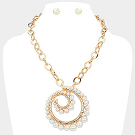 Pearl Accented Spiral Pendant Metal Chain Link Statement Necklace