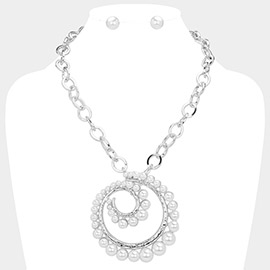 Pearl Accented Spiral Pendant Metal Chain Link Statement Necklace