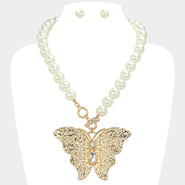 Stone Pointed Textured Metal Butterfly Pendant Pearl Statement Necklace
