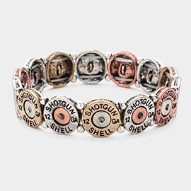 Burnished Metal Shot Gun Shell Message Round Link Stretch Bracelet