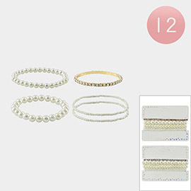 12 SET OF 4 - Pearl Ball Seed Beads Rhinestone Beaded Stretch Multi Layered Bracelets