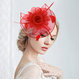 Flower Feather Mesh Bow Fascinator / Headband