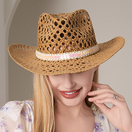 Sequin Beaded Band Pointed Hollow Out Western Cowboy Fedora Hat