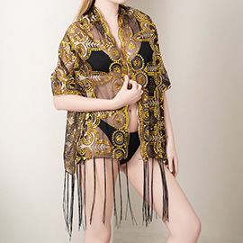 Sheer Sequin Beaded Front Open Shawl Wrap Poncho