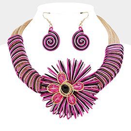 Meatal Wire Coil Flower Statement Necklace