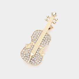 Stone Embellished Violin Pin Brooch