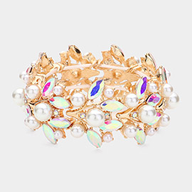 Pearl Embellished Marquise Stone Leaf Stretch Evening Bracelet
