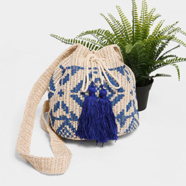 Tribal Pattern Straw Tassel Drawstring Crossbody Bucket Bag