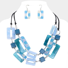 Abstract Resin Checkered Open Rectangle Cube Link Double Layered Statement Faux Leather Necklace