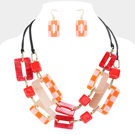 Abstract Resin Checkered Open Rectangle Cube Link Double Layered Statement Faux Leather Necklace