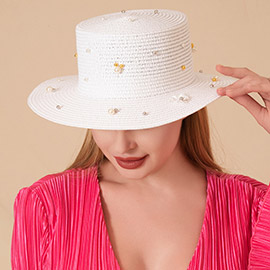 Pearl Flower Embellished Straw Sun Hat