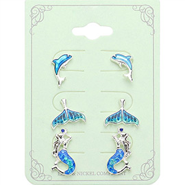 3PAIRS - Dolphin Whale Tai Mermaid Stud Earrings Set