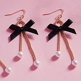 Bow Pointed Pearl Tip Dropdown Dangle Earrings