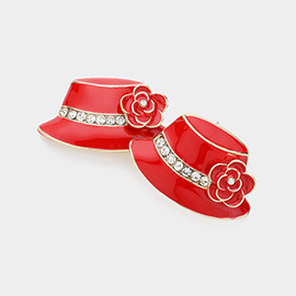 Stone Paved Enamel Hat with Corsage Earrings