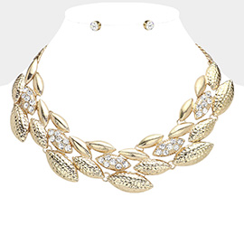 Stone Paved Textured Metal Marquise Embellished Bib Necklace