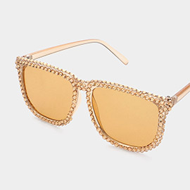 Bling Studded Rim Tinted Lens Oversized Square Wayfarer Sunglasses