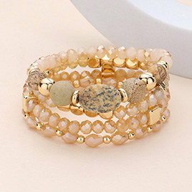 4PCS - Natural Stone Pointed Faceted Beads Metal Ball Beaded Stretch Multi Layered Bracelets