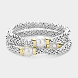 3PCS - Pearl Pointed Mesh Metal Stretch Multi Layered Bracelets