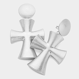 Matte Metal Oversized Cross Dangle Clip On Earrings