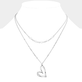 Pearl Pointed Metal Heart Pendant Double Layered Necklace