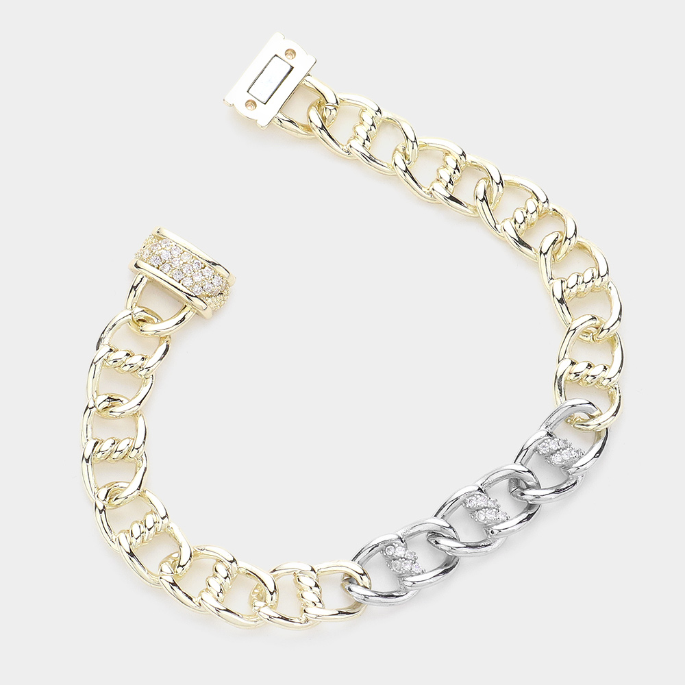 14K Gold Plated CZ Stone Paved Chain Bracelet