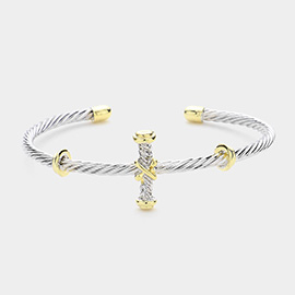 Cross Pointed Two Tone Textured Cable Metal Cuff Bracelet