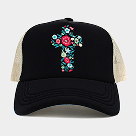 Floral Cross Embroidered Mesh Back Trucker Hat