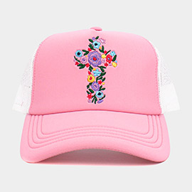 Floral Cross Embroidered Mesh Back Baseball Cap