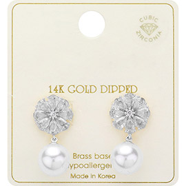 White Gold Dipped Flower Crystal Top Pearl Earrings