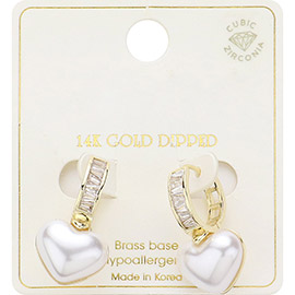 14K Gold Dipped CZ Stone Paved Heart Pearl Dangle Huggie Earrings