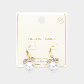 14K Gold Dipped CZ Paved Bow Pearl Drop Earrings