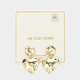 14K Gold Dipped CZ Stone Paved Crinkle Heart Dangle Earrings