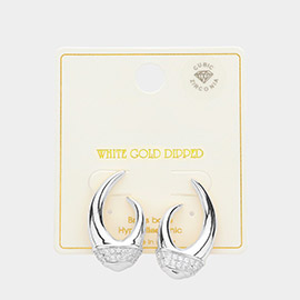 White Gold Dipped CZ Stone Paved Biased Hoop Earrings