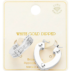 White Gold Dipped Trio Layer Heart Pin Catch Earrings
