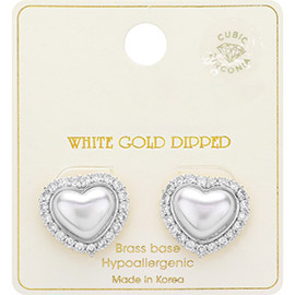 White Gold Dipped CZ Stone Paved Heart Pearl Stud Earrings