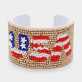 American USA Flag Seed Beaded Cuff Bracelet